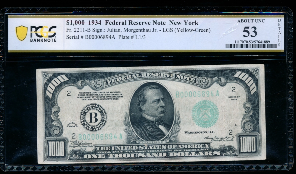 Fr. 2211-B 1934 $1,000  Federal Reserve Note New York LGS PCGS 53 details B00006894A