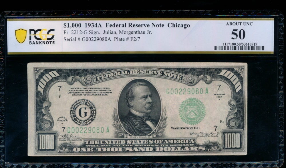 Fr. 2212-G 1934A $1,000  Federal Reserve Note Chicago PCGS 50 G00229080A