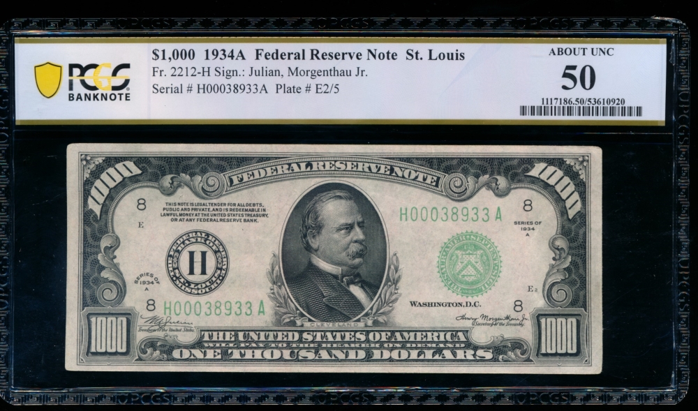Fr. 2212-H 1934A $1,000  Federal Reserve Note Saint Louis PCGS 50 H00038933A