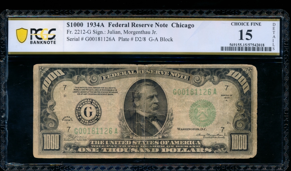 Fr. 2212-G 1934A $1,000  Federal Reserve Note Chicago PCGS 15 details G00181126A