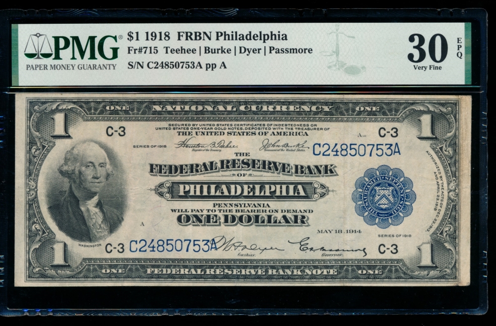 Fr. 715 1918 $1  FRBN Philadelphia PMG 30EPQ C24850753A