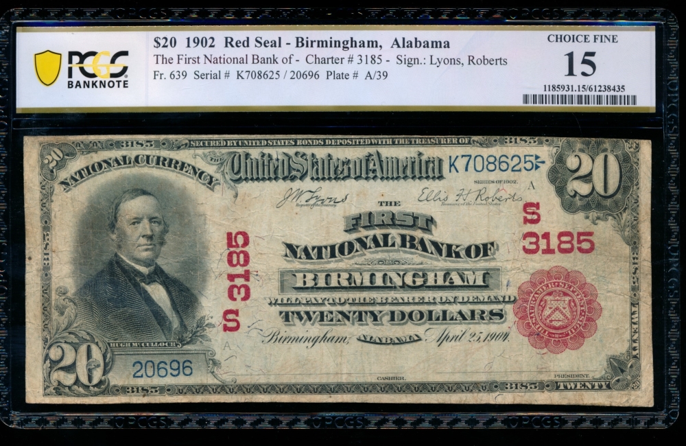 Fr. 639 1902 $20  National: Red Seal Ch #3185 The NB of Birm, AL PCGS 15 20696