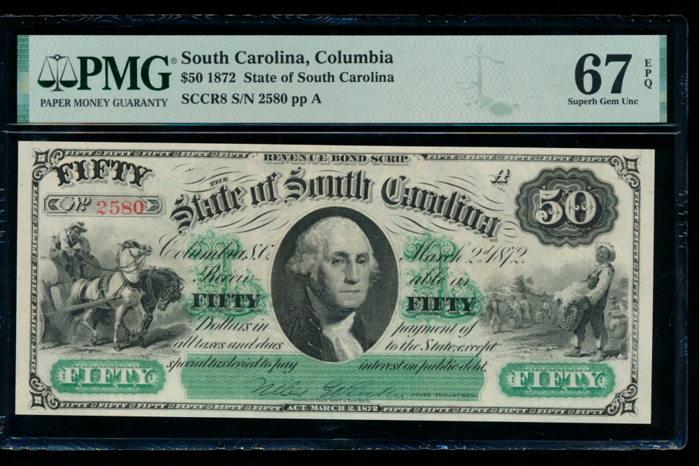 Fr. Cr SC-8 1872 $50  Obsolete State of South Carolina, Columbia, SC PMG 67EPQ 2580