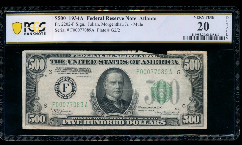 Fr. 2202-F 1934A $500  Federal Reserve Note Atlanta PCGS 20 details F00077089A