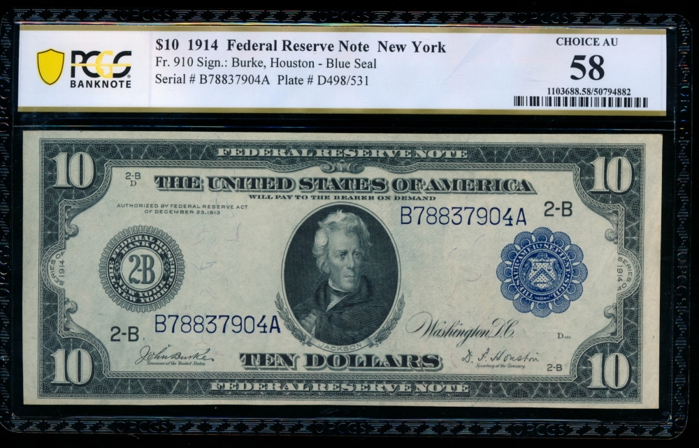 Fr. 910 1914 $10  Federal Reserve Note New York PCGS 58 B78837904A