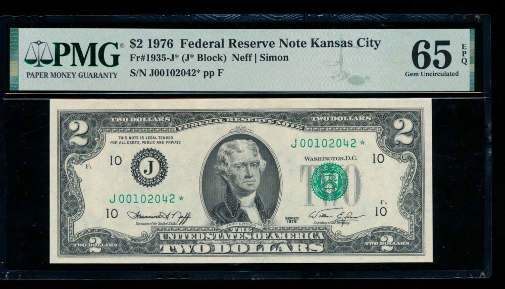 Fr. 1935-J 1976 $2  Federal Reserve Note Kansas City star PMG 65EPQ J00102042*