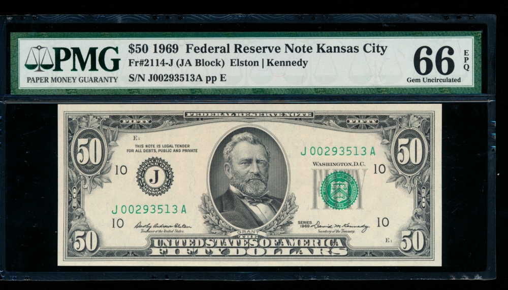 Fr. 2114-J 1969 $50  Federal Reserve Note Kansas City PMG 66EPQ J00293513A