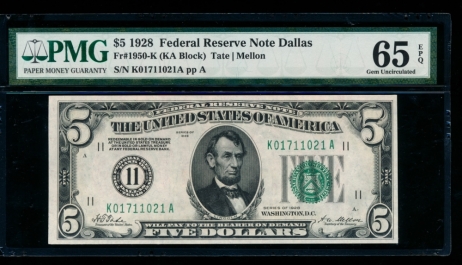Fr. 1950-K 1928 $5  Federal Reserve Note Dallas PMG 65EPQ K01711021A