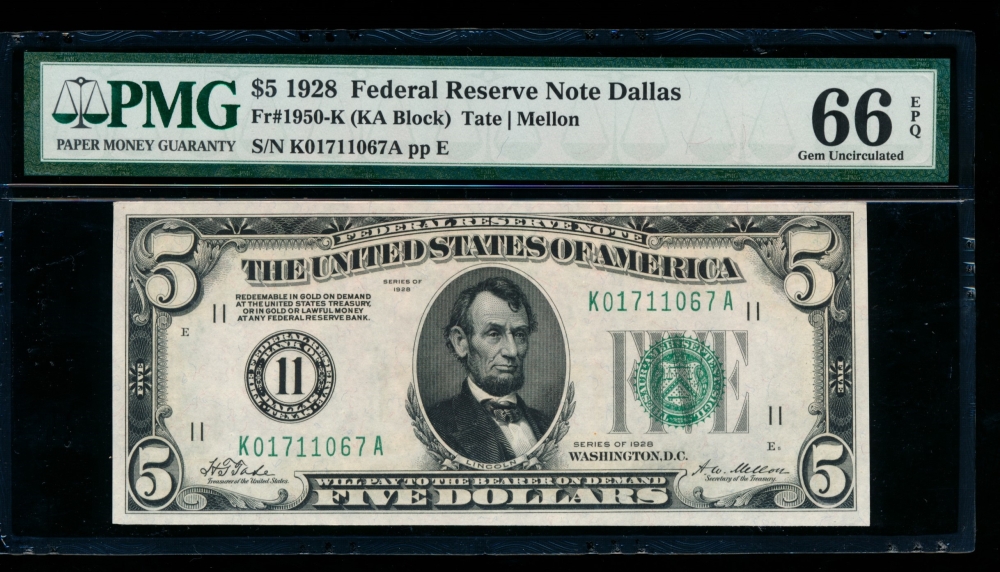 Fr. 1950-K 1928 $5  Federal Reserve Note Dallas PMG 66EPQ K01711067A