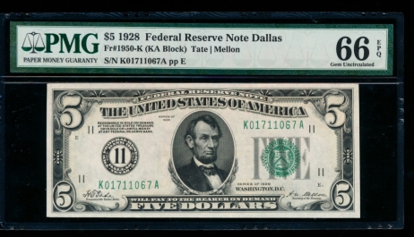 Fr. 1950-K 1928 $5  Federal Reserve Note Dallas PMG 66EPQ K01711067A