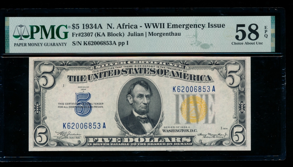 Fr. 2307 1934A $5  North Africa  PMG 58EPQ K62006853A