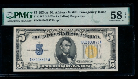 Fr. 2307 1934A $5  North Africa  PMG 58EPQ K62006853A
