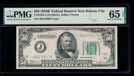 Fr. 2104-J 1934B $50  Federal Reserve Note Kansas City PMG 65EPQ J01373637A