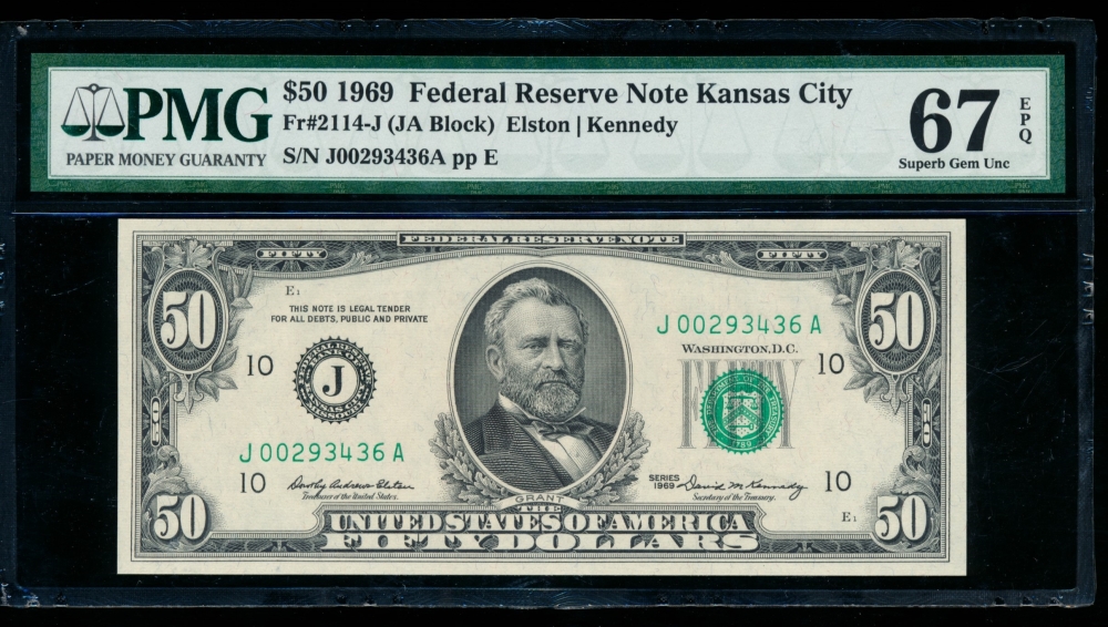 Fr. 2114-J 1969 $50  Federal Reserve Note Kansas City PMG 67EPQ J00293436A