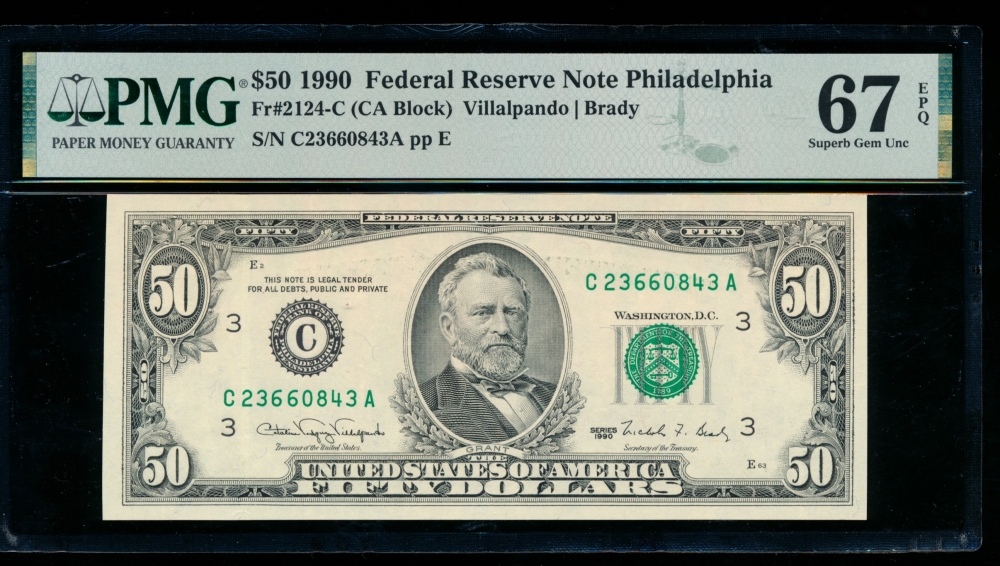 Fr. 2124-C 1990 $50  Federal Reserve Note Philadelphia PMG 67EPQ C23660843A
