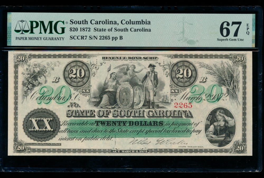 Fr. Cr SC-7 1872 $20  Obsolete State of South Carolina, Columbia, SC PMG 67EPQ 2265