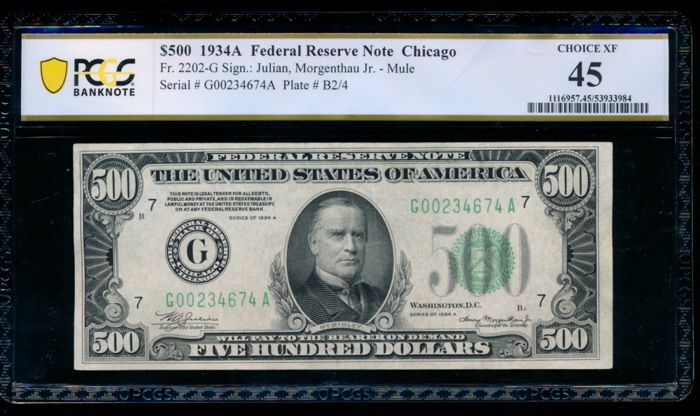 Fr. 2202-G 1934A $500  Federal Reserve Note Chicago PCGS 45 G00234674A