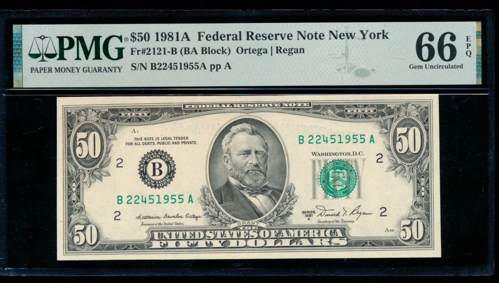 Fr. 2121-B 1981A $50  Federal Reserve Note New York PMG 66EPQ B22451955A