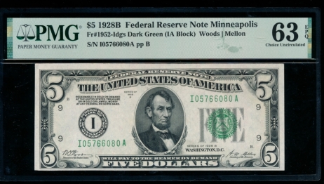 Fr. 1952-I 1928B $5  Federal Reserve Note Minneapolis PMG 63EPQ I05766080A