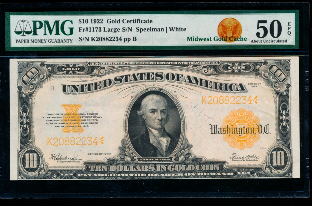Fr. 1173 1922 $10  Gold Certificate  PMG 50EPQ K20882234