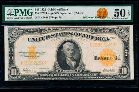 Fr. 1173 1922 $10  Gold Certificate  PMG 50EPQ K20882234