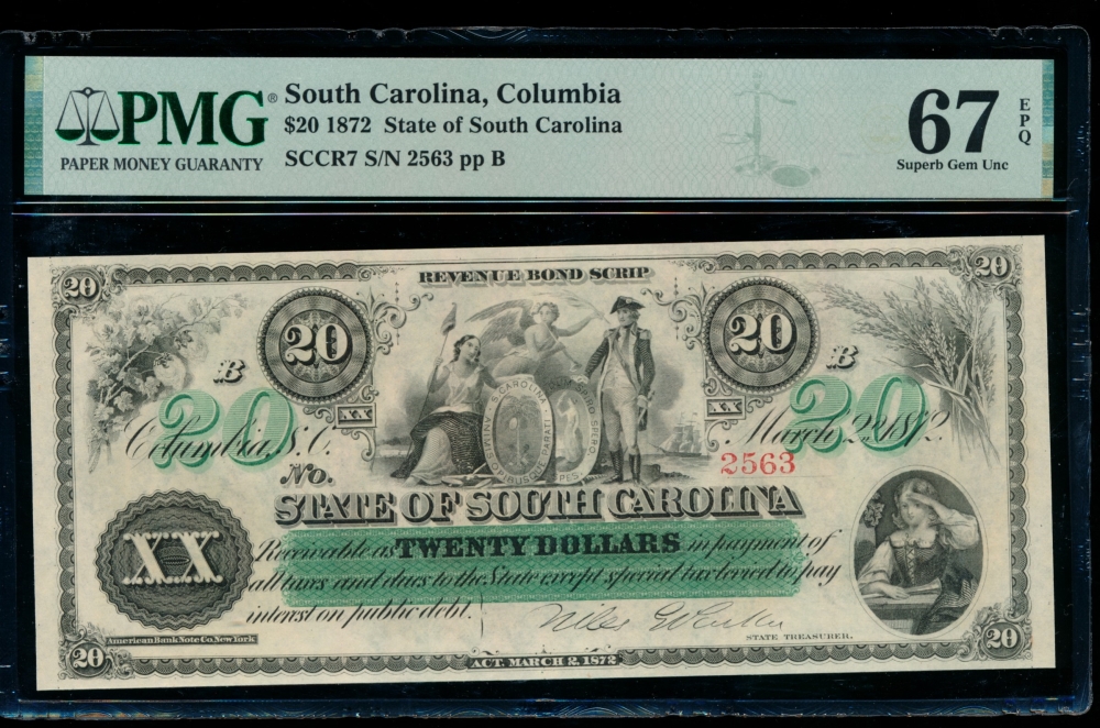 Fr. Cr SC-7 1872 $20  Obsolete State of South Carolina, Columbia, SC PMG 67EPQ 2563