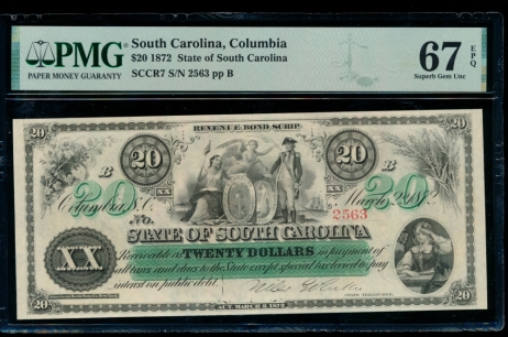 Fr. Cr SC-7 1872 $20  Obsolete State of South Carolina, Columbia, SC PMG 67EPQ 2563