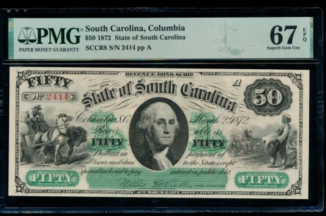 Fr. Cr SC-8 1872 $50  Obsolete State of South Carolina, Columbia, SC PMG 67EPQ 2414