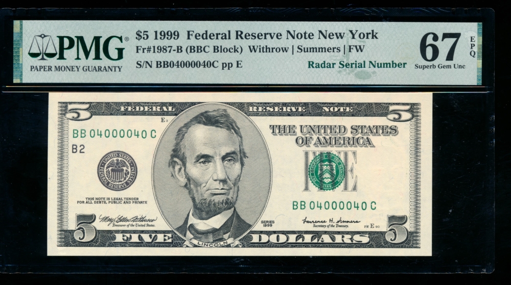Fr. 1987-B 1999 $5  Federal Reserve Note radar PMG 67EPQ BB04000040C