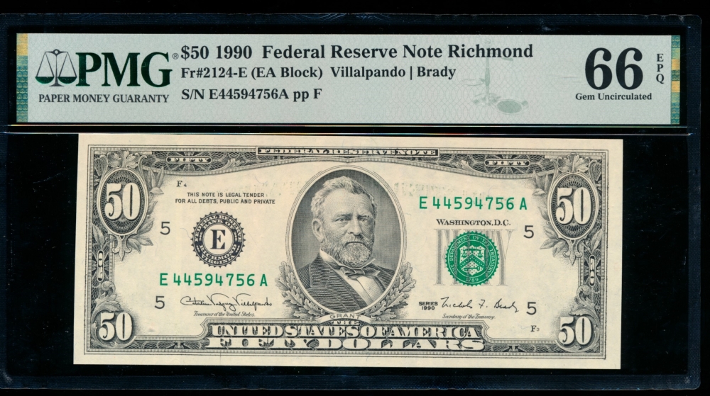 Fr. 2124-E 1990 $50  Federal Reserve Note Richmond PMG 66EPQ E44594756A