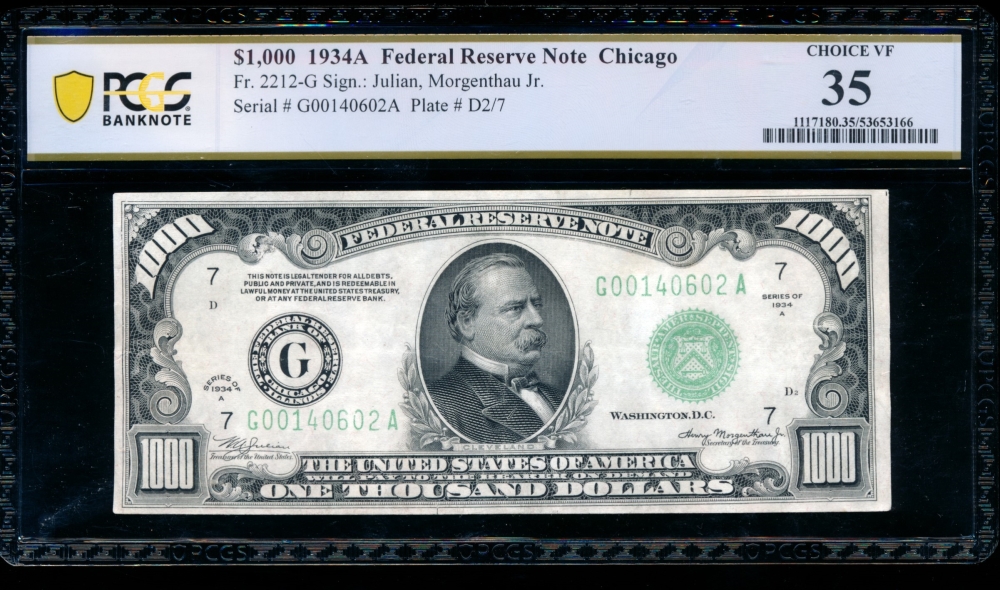 Fr. 2212-G 1934A $1,000  Federal Reserve Note Chicago PCGS 35 comment G00140602A