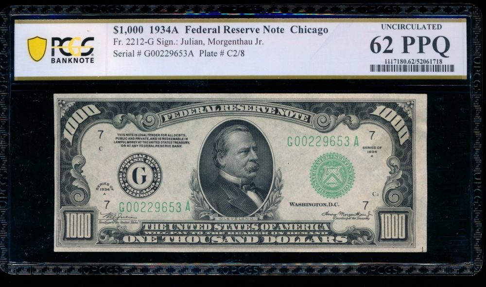 Fr. 2212-G 1934A $1,000  Federal Reserve Note Chicago PCGS 62PPQ G00229653A