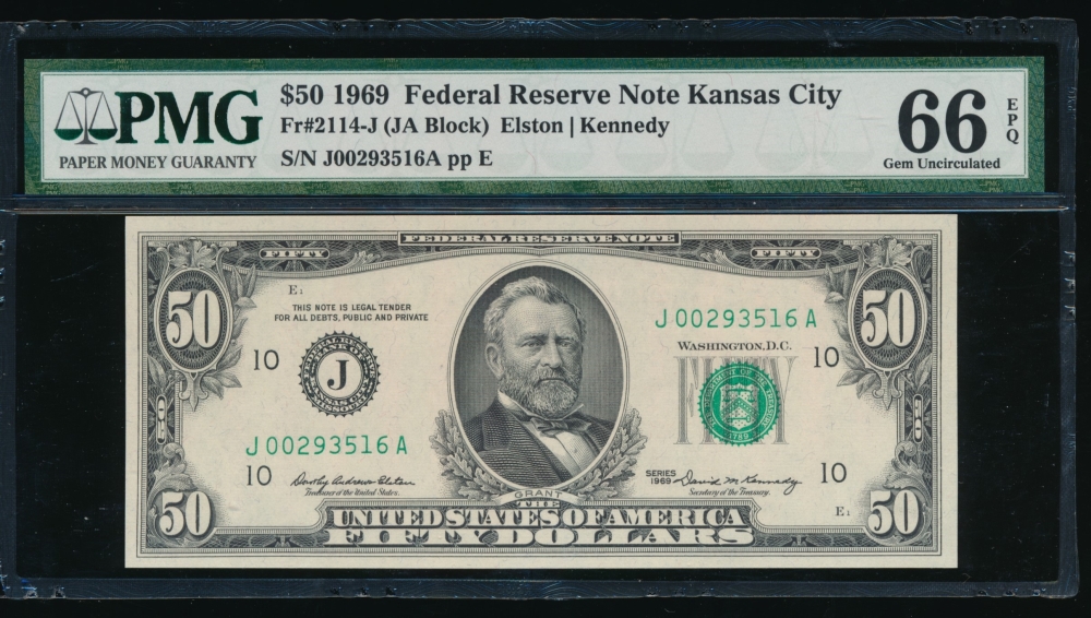 Fr. 2114-J 1969 $50  Federal Reserve Note Kansas City PMG 66EPQ J00293516A