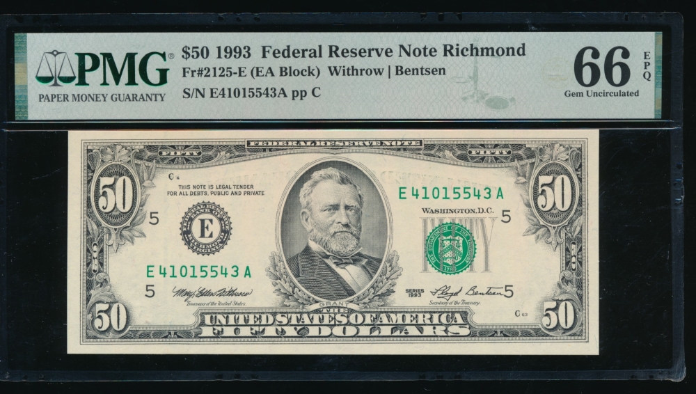 Fr. 2125-E 1993 $50  Federal Reserve Note Richmond PMG 66EPQ E41015543A