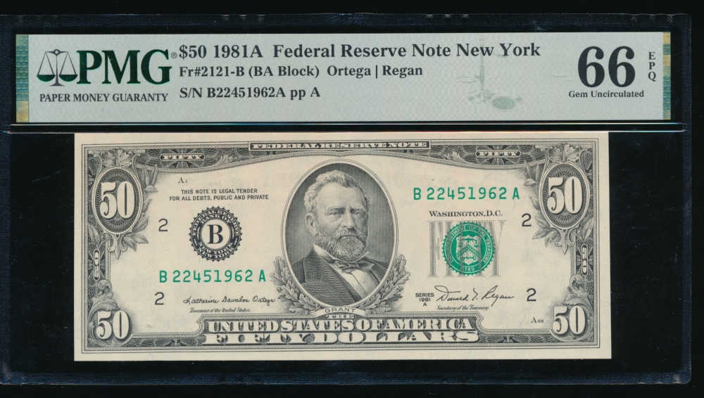 Fr. 2121-B 1981A $50  Federal Reserve Note New York PMG 66EPQ B22451962A