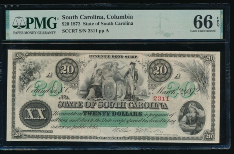 Fr. Cr SC-7 1872 $20  Obsolete State of South Carolina, Columbia, SC PMG 66EPQ 2311