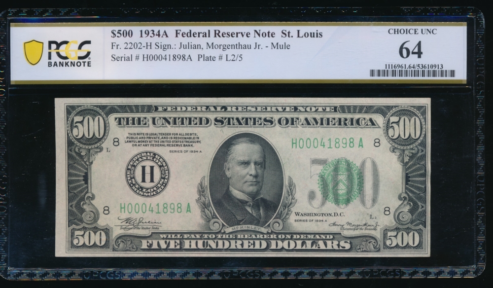 Fr. 2202-H 1934A $500  Federal Reserve Note Saint Louis PCGS 64 comment H00041898A