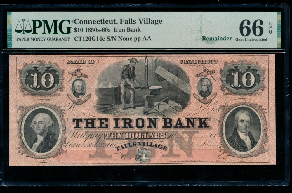Fr. CT-120 G14 1850s $10  Obsolete The Iron Bank,  Falls Village,  Connecticut PMG 66EPQ no serial number