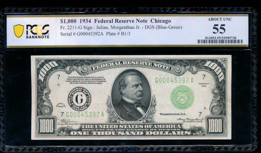Fr. 2211-G 1934 $1,000  Federal Reserve Note Chicago PCGS 55 G00045392A