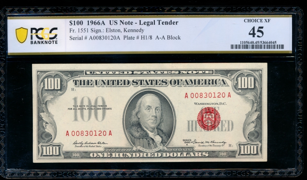Fr. 1551 1966A $100  Legal Tender AA block PCGS 45 A00830120A
