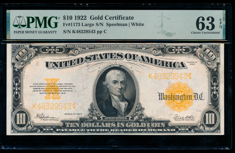 Fr. 1173 1922 $10  Gold Certificate  PMG 63EPQ K48329543
