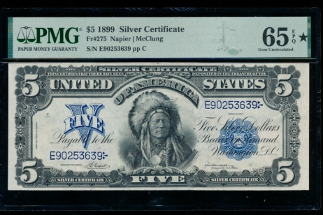 Fr. 275 1899 $5  Silver Certificate  PMG 65EPQ* E90253639