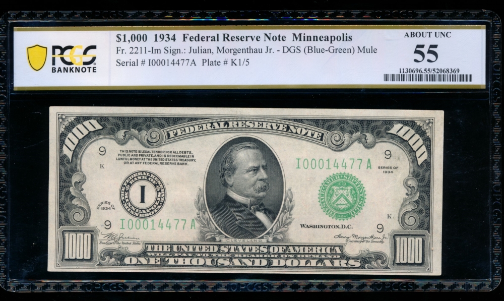 Fr. 2211-I 1934 $1,000  Federal Reserve Note Minneapolis PCGS 55 I00014477A