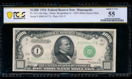 Fr. 2211-I 1934 $1,000  Federal Reserve Note Minneapolis PCGS 55 I00014477A