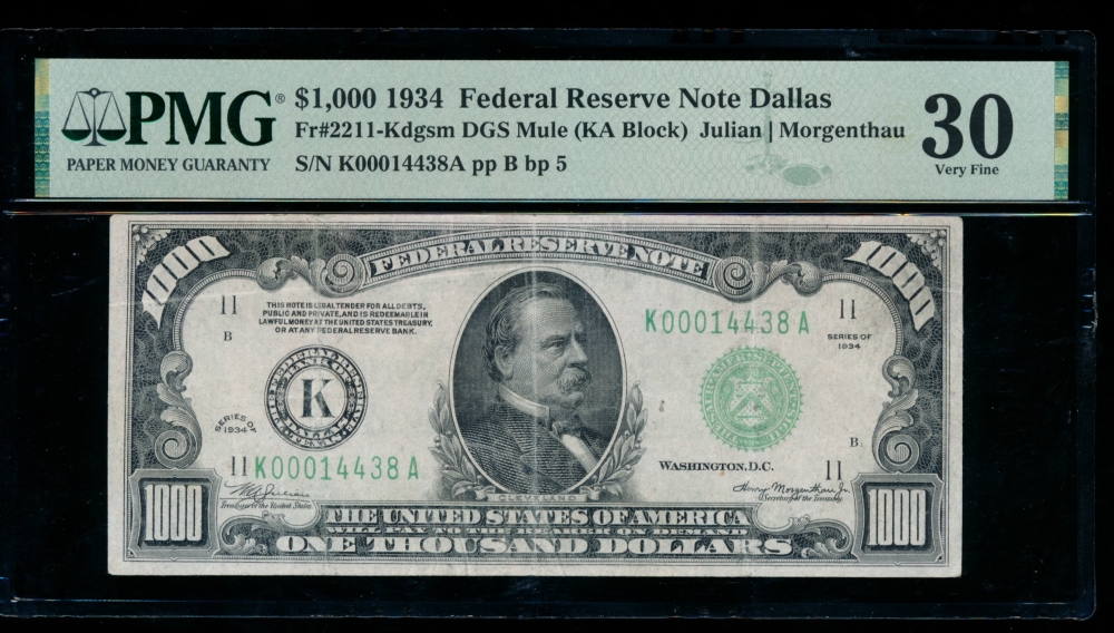 Fr. 2211-K 1934 $1,000  Federal Reserve Note Dallas PMG 30 comment K00014438A