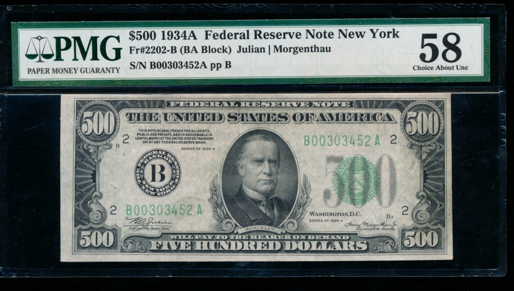 Fr. 2202-B 1934A $500  Federal Reserve Note New York PMG 58 comment B00303452A