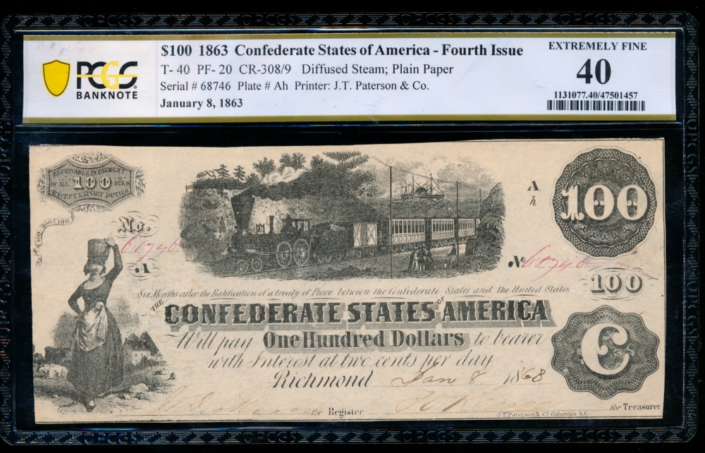 Fr. T-40 1863 $100  Confederate  PCGS 40 68746
