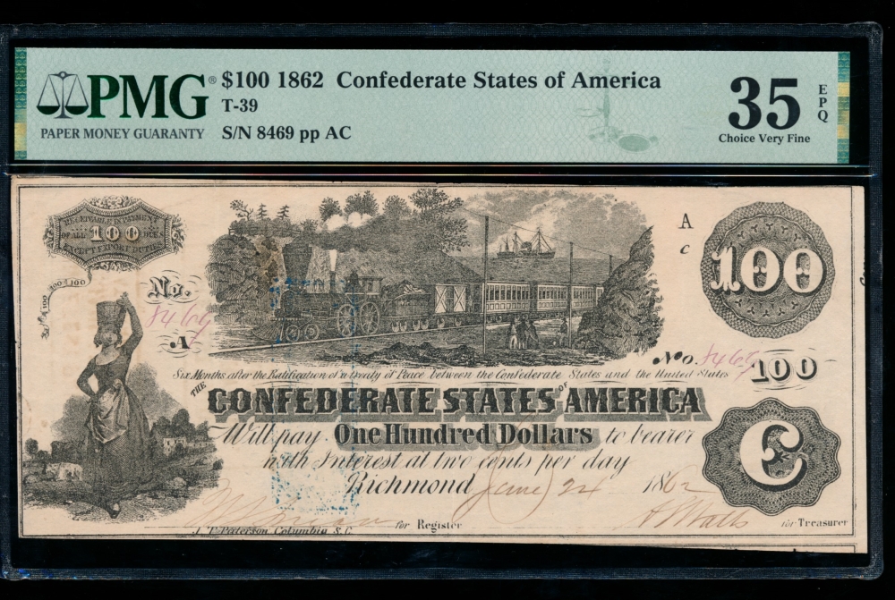 Fr. T-39 1862 $100  Confederate  PMG 35EPQ 8469