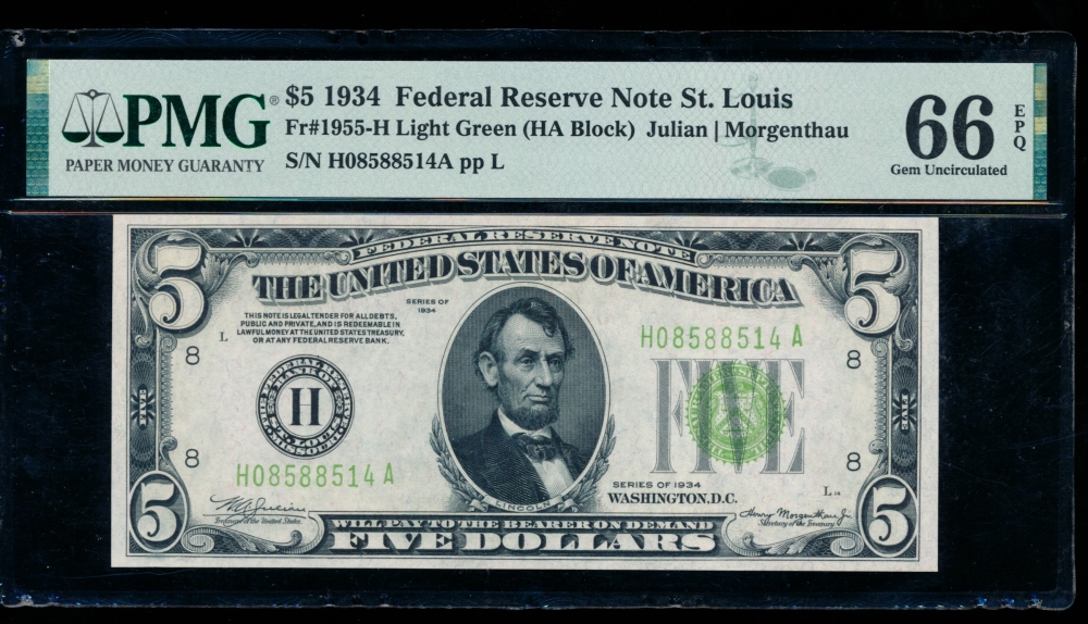 Fr. 1955-H 1934 $5  Federal Reserve Note Saint Louis LGS PMG 66EPQ H08588514A