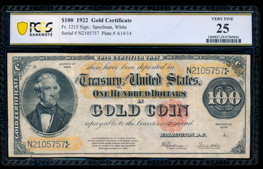 Fr. 1215 1922 $100  Gold Certificate  PCGS 25 N2105757